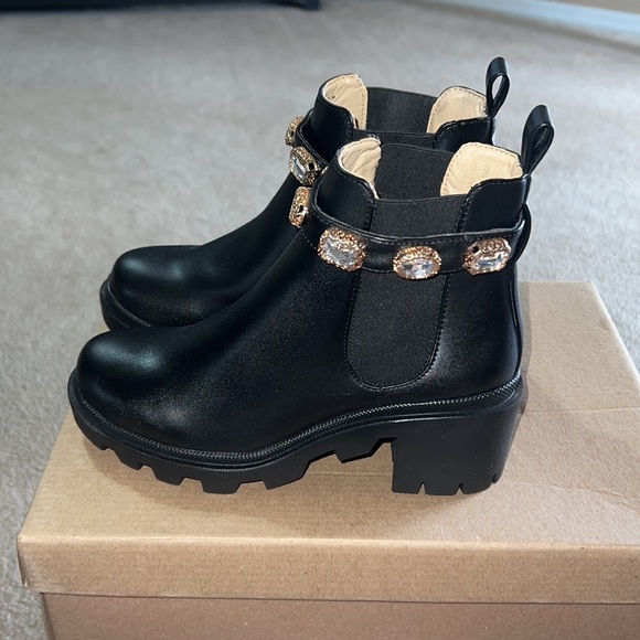 Amulet jewel embellished lug sole block heel combat booties Clearance